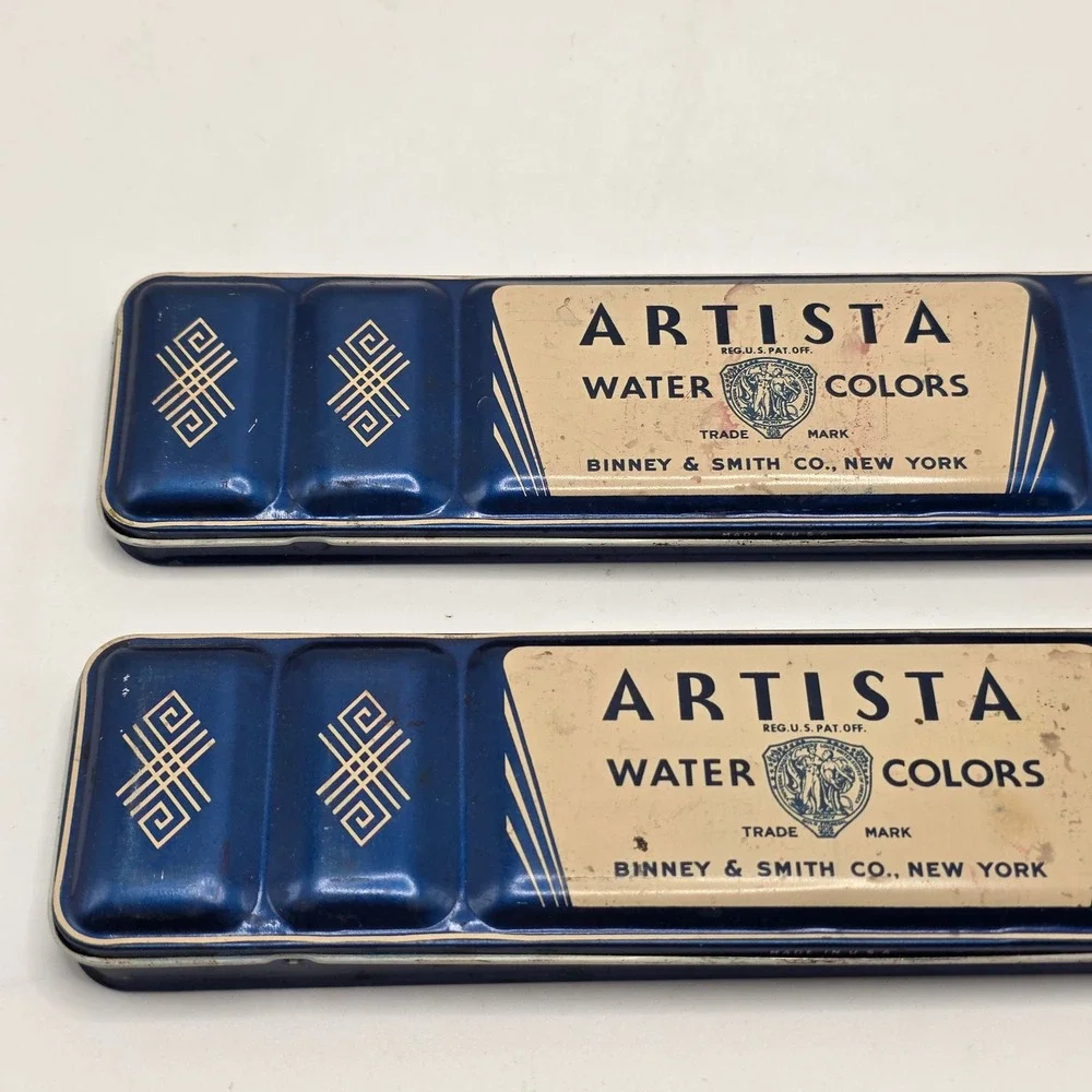 Watercolor Paint Tins Vintage Binney & Smith Artista Blue Metal Set of 2 Art - Picture 2 of 8
